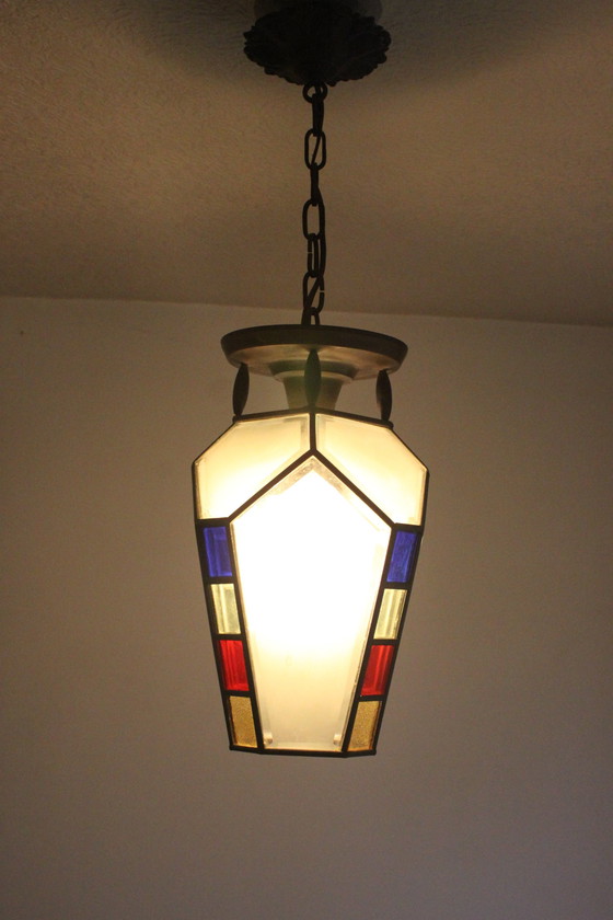 Image 1 of Art Deco Gebrandschilderd Glas Hanglamp, 1920S