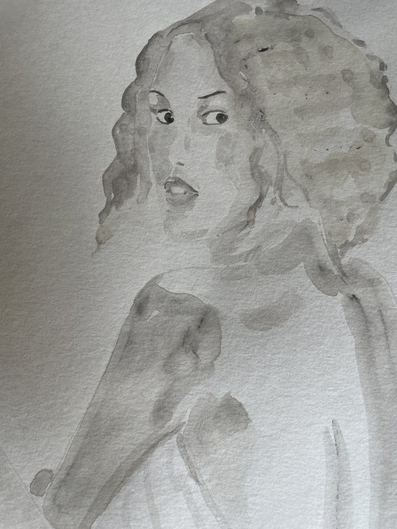 Image 1 of Sepia aquarel portret van een vrouw "Regard