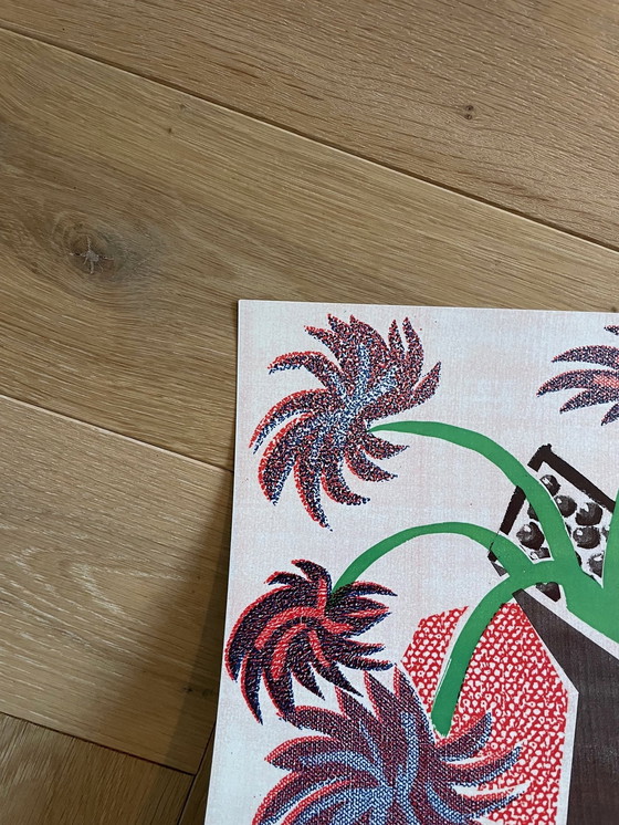 Image 1 of David Hockney, 'Bloemen, appel & peer op een tafel, juli 1986,' Copyright David Hockney 1986, Gedrukt in Engeland