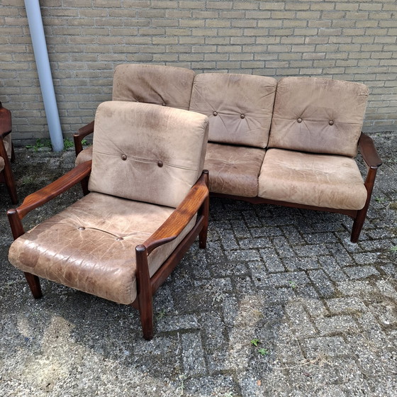 Image 1 of 2X Vintage 3 Zitsbank + 2X Fauteuil Deens Design