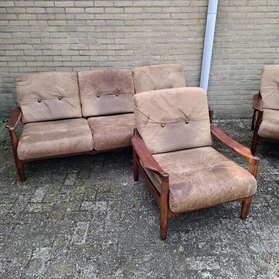 Image 1 of 2X Vintage 3 Zitsbank + 2X Fauteuil Deens Design