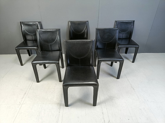 Image 1 of Set van 6 zwart leren eetkamerstoelen van Arper Italië, 1980S