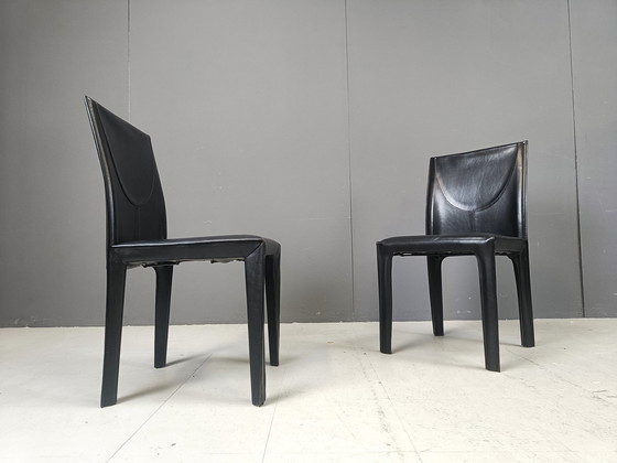 Image 1 of Set van 6 zwart leren eetkamerstoelen van Arper Italië, 1980S