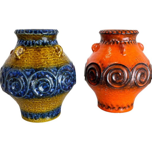 Paar vintage veelkleurige vette lava Op Art aardewerk vazen door Jasba Ceramics, Duitsland 1970