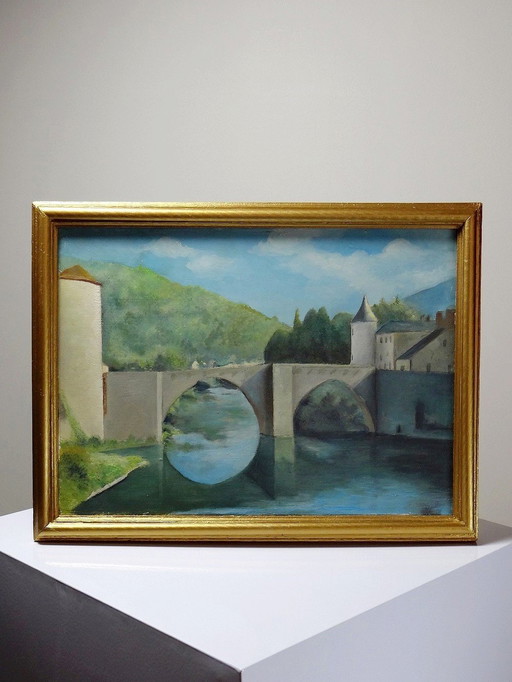 Schilderij Gouache Of Olieverf Op Hout Vintage Landschap Brug Op Rivier