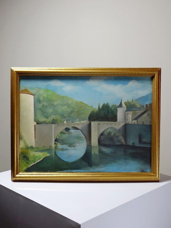 Image 1 of Schilderij Gouache Of Olieverf Op Hout Vintage Landschap Brug Op Rivier