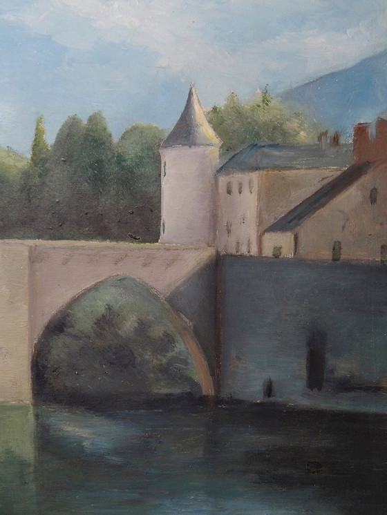 Image 1 of Schilderij Gouache Of Olieverf Op Hout Vintage Landschap Brug Op Rivier