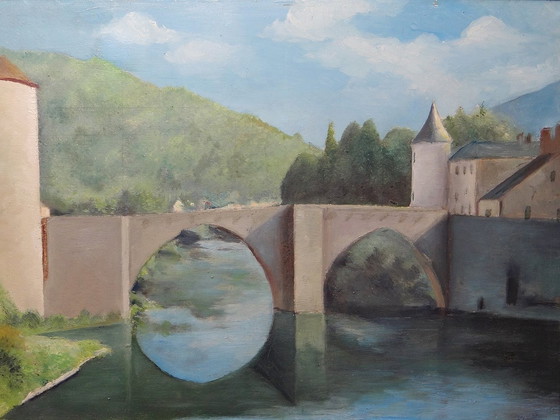 Image 1 of Schilderij Gouache Of Olieverf Op Hout Vintage Landschap Brug Op Rivier