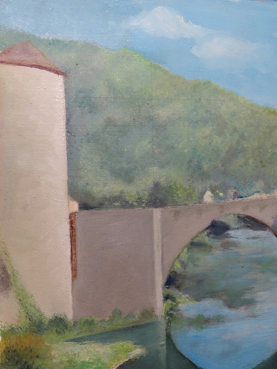 Image 1 of Schilderij Gouache Of Olieverf Op Hout Vintage Landschap Brug Op Rivier