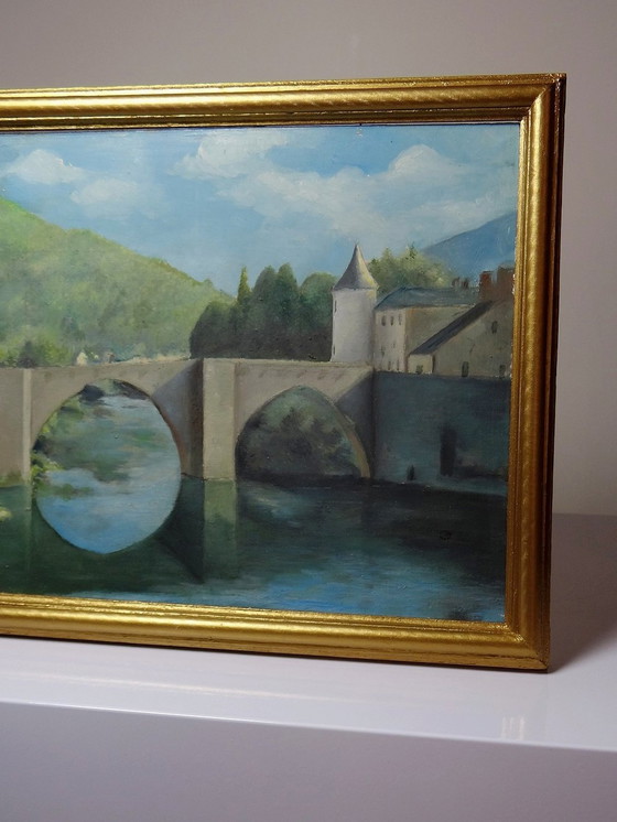 Image 1 of Schilderij Gouache Of Olieverf Op Hout Vintage Landschap Brug Op Rivier