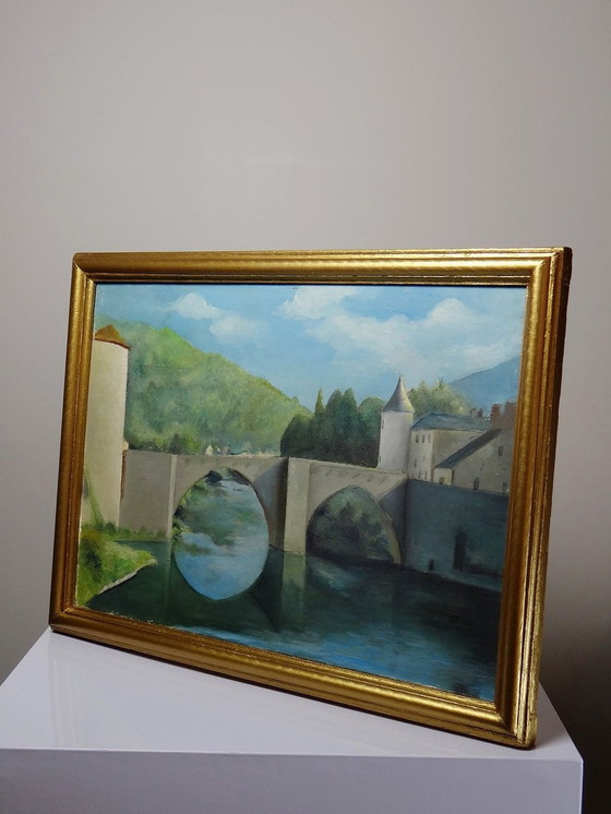 Image 1 of Schilderij Gouache Of Olieverf Op Hout Vintage Landschap Brug Op Rivier