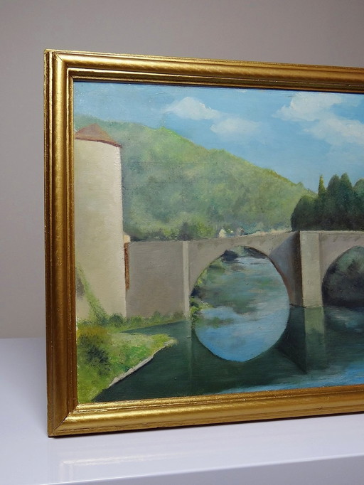 Schilderij Gouache Of Olieverf Op Hout Vintage Landschap Brug Op Rivier