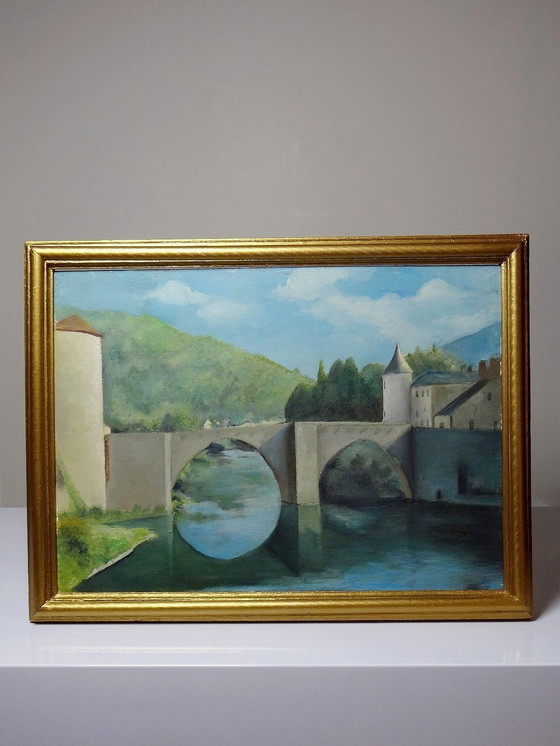 Image 1 of Schilderij Gouache Of Olieverf Op Hout Vintage Landschap Brug Op Rivier