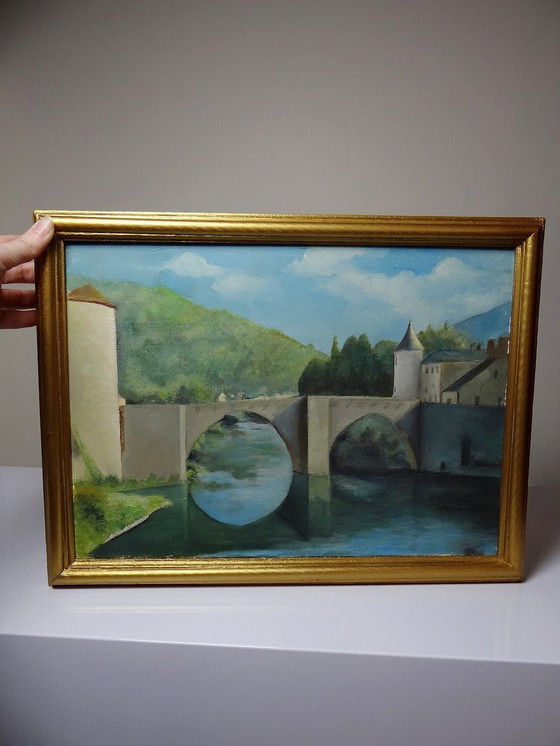 Image 1 of Schilderij Gouache Of Olieverf Op Hout Vintage Landschap Brug Op Rivier