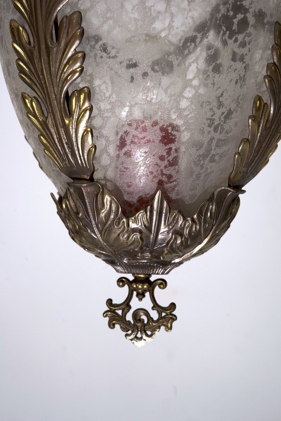 Image 1 of Italiaanse messing, geëtst glas en Capodimonte bloemen lantaarn uit 50S