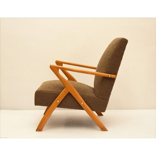 Paar vintage Scandinavische fauteuils in hout en bouclé stof, 1950