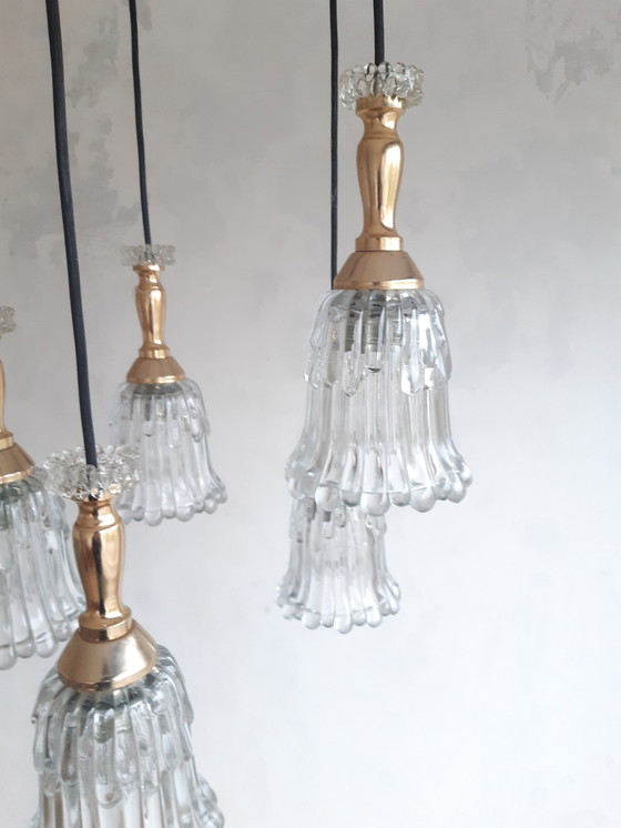 Image 1 of Vintage Goudkleurige Cascade Hanglamp Met 5 Transparant Glazen Kelken