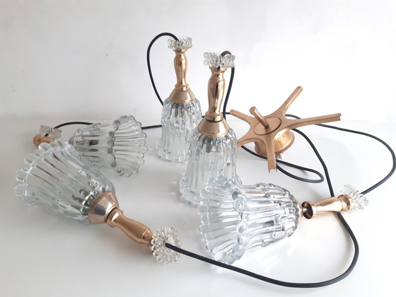 Image 1 of Vintage Goudkleurige Cascade Hanglamp Met 5 Transparant Glazen Kelken