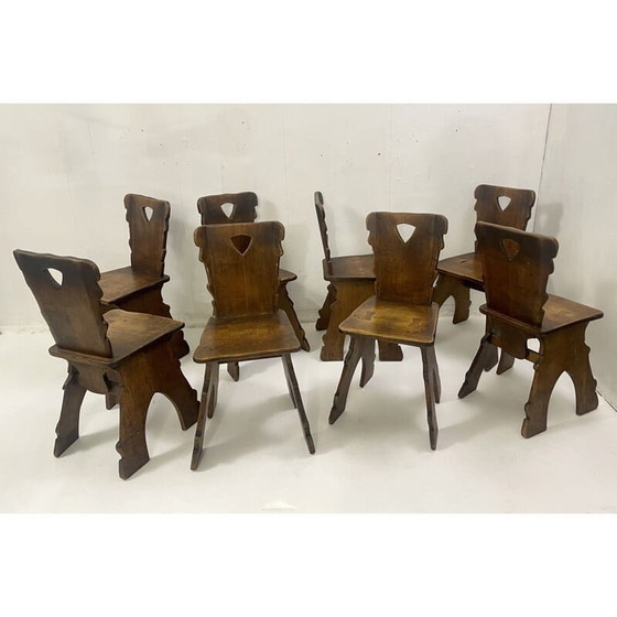 Image 1 of Set van 8 vintage brutalistische eiken stoelen, jaren 1940