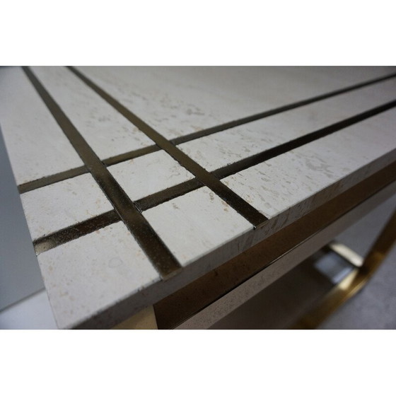 Image 1 of Vintage bijzettafel in travertijn, goud, glas en messing van Alain Delon voor Maison Jansen, jaren 1970