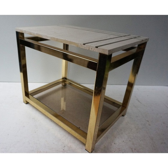 Image 1 of Vintage bijzettafel in travertijn, goud, glas en messing van Alain Delon voor Maison Jansen, jaren 1970