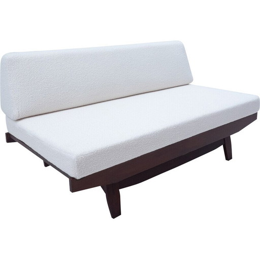 Italiaanse bank uit de Mid Century in wit boucle en hout, jaren 1960