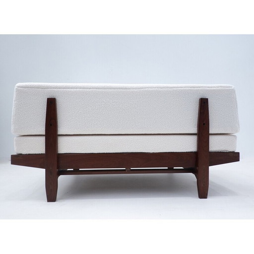 Italiaanse bank uit de Mid Century in wit boucle en hout, jaren 1960