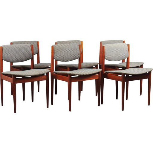 Set van 6 vintage stoelen model "197" in teak en stoffen van Finn Juhl voor France et Son, Denemarken 1960