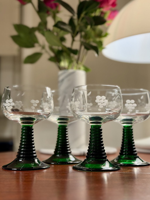 Vintage Roemer Wijnglazen Luminarc France - Geëtst Glas Met Groene Voet