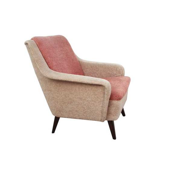 Image 1 of Tweekleurige fauteuil in beige en lichtroze fluweel - jaren 1950