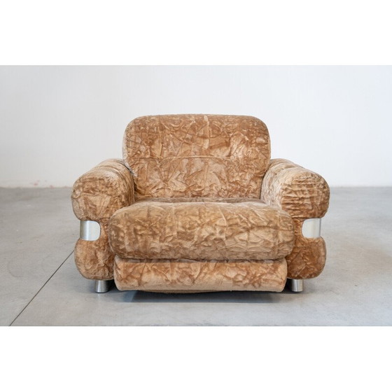 Image 1 of Vintage chenille fauteuil in geborsteld aluminium, Italië 1970
