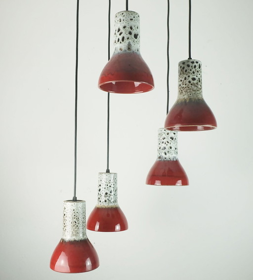 1970S Mid Century Hanglamp 5-lichts cascade lamp met vette Lava keramische kappen