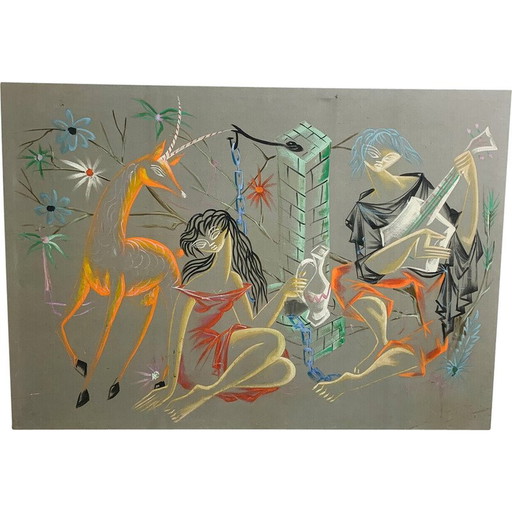 Mid Century beschilderd canvas, jaren 1960