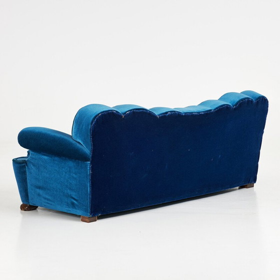 Image 1 of Art Deco vintage blauw fluwelen bank, Zweden 1940