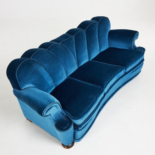 Art Deco vintage blauw fluwelen bank, Zweden 1940