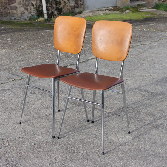 Image 1 of  Franse Mid Century Skai Chromen Stoelen Set Van 2 - Keukenstoelen - Retro-60S