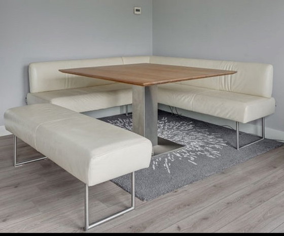 Image 1 of Topform eethoek (Leren banken - Hoekbank plus losse bank - en eikenhouten Tafel Op Rvs Standaard)