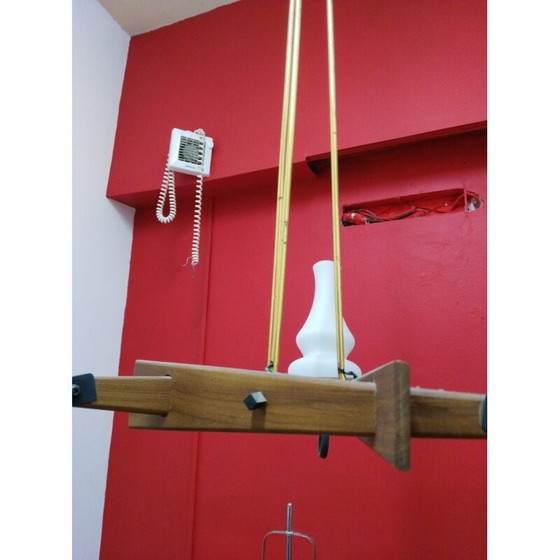 Image 1 of Vintage kroonluchter van teakhout en messing met opaalglazen kannen voor Stilnovo