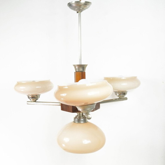 Image 1 of Vintage art deco glazen kroonluchter van Spółdzielnia Pracy Metaal Kraków, Polen 1950