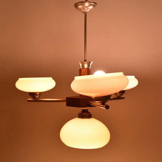 Image 1 of Vintage art deco glazen kroonluchter van Spółdzielnia Pracy Metaal Kraków, Polen 1950