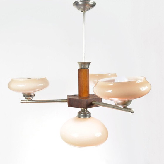 Image 1 of Vintage art deco glazen kroonluchter van Spółdzielnia Pracy Metaal Kraków, Polen 1950