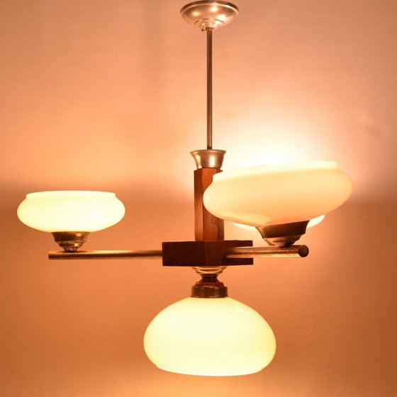 Image 1 of Vintage art deco glazen kroonluchter van Spółdzielnia Pracy Metaal Kraków, Polen 1950