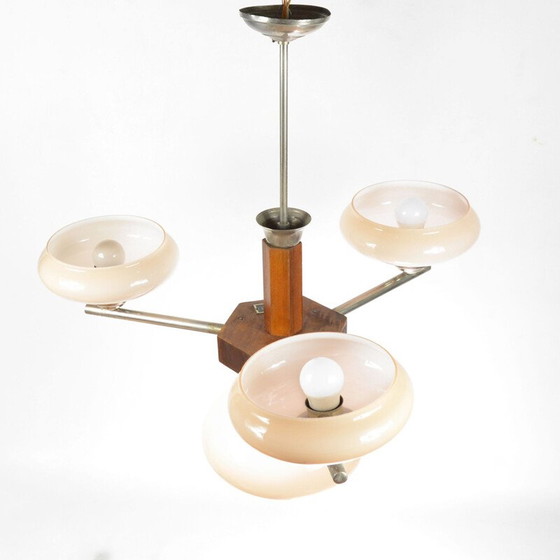 Image 1 of Vintage art deco glazen kroonluchter van Spółdzielnia Pracy Metaal Kraków, Polen 1950