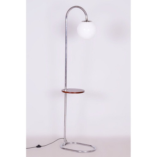 Vintage Bauhaus vloerlamp in chroomstaal en walnoot door Hana Kucerova-Zaveska voor Sab Praha, Tsjecho-Slowakije 1930
