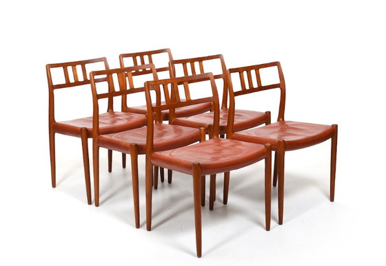 Image 1 of Vintage stoelen van Niels Otto Møller in teak en indiaas leer, jaren 1960, set van 6