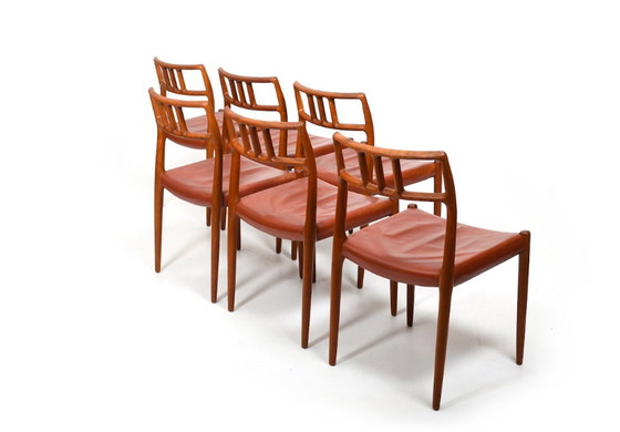 Image 1 of Vintage stoelen van Niels Otto Møller in teak en indiaas leer, jaren 1960, set van 6