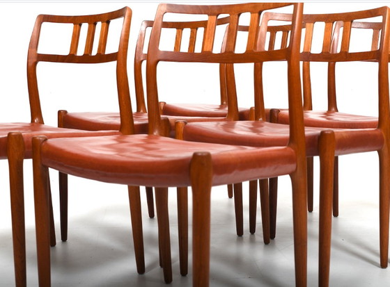 Image 1 of Vintage stoelen van Niels Otto Møller in teak en indiaas leer, jaren 1960, set van 6