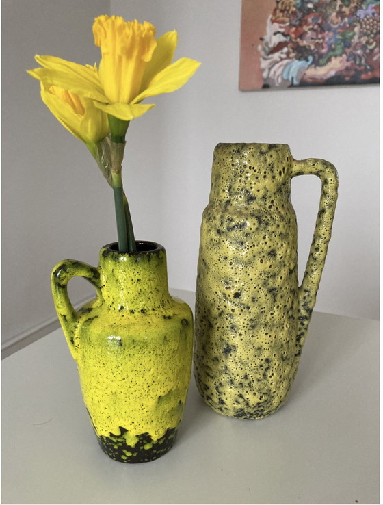 Image 1 of Vintage West-Duitsland Wg Fatlava Vaas Geel / Zwart, Handgemaakt, 50/60D, West-Duitsland Kunst Aardewerk, Verzamelobject