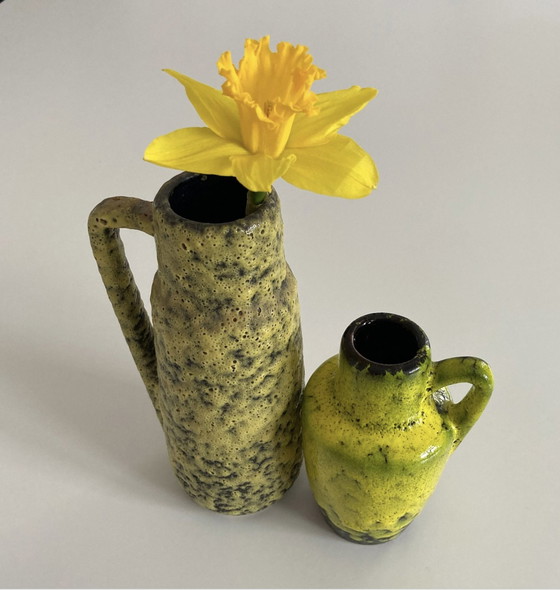 Image 1 of Vintage West-Duitsland Wg Fatlava Vaas Geel / Zwart, Handgemaakt, 50/60D, West-Duitsland Kunst Aardewerk, Verzamelobject