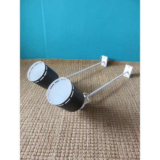 Image 1 of Paar vintage wit gelakte metalen wandlampen met lange buisvormige armen voor Lita, Frankrijk
